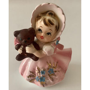 RARE Vintage Marika Lefton Tiny Pink Girl Angel w/ Teddy Bear Figurine ADORABLE!